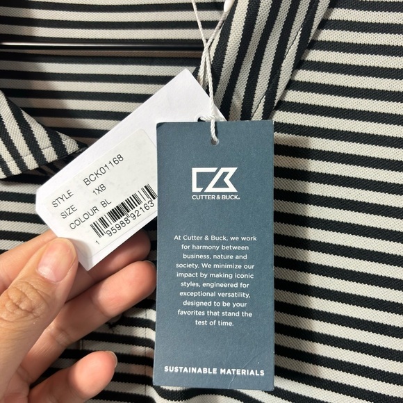 CUTTER AND BUCK BLACK GREY STRIPED MEN POLO SHORT SLEEVE SIZE 1XB BRAND NEW - Picture 7 of 8